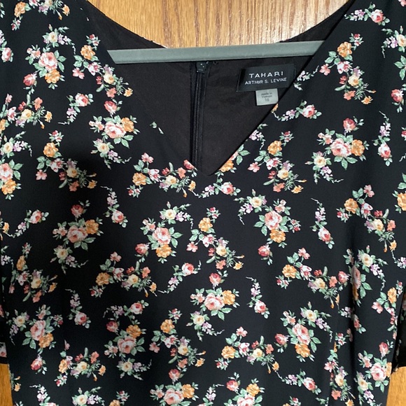 Never worn Tahari jumpsuit, size 16. Black with floral design. Ties in back. - Picture 2 of 6